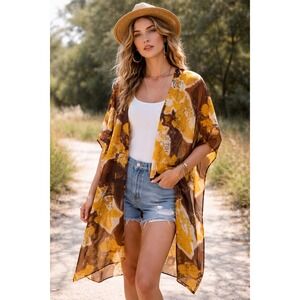 Deer Print Sheer Kimono Duster Mustard Brown Animal Print Boho Layering One Size